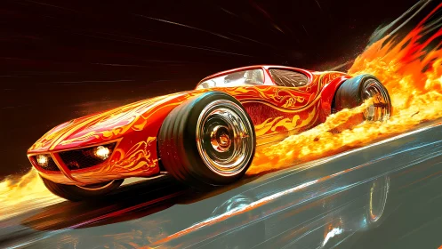 Flame-trimmed concept car in motion on reflective track.