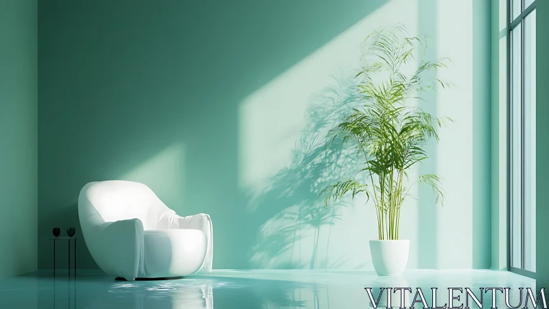 Soft white lounge chair rests in a sunlit mint green room