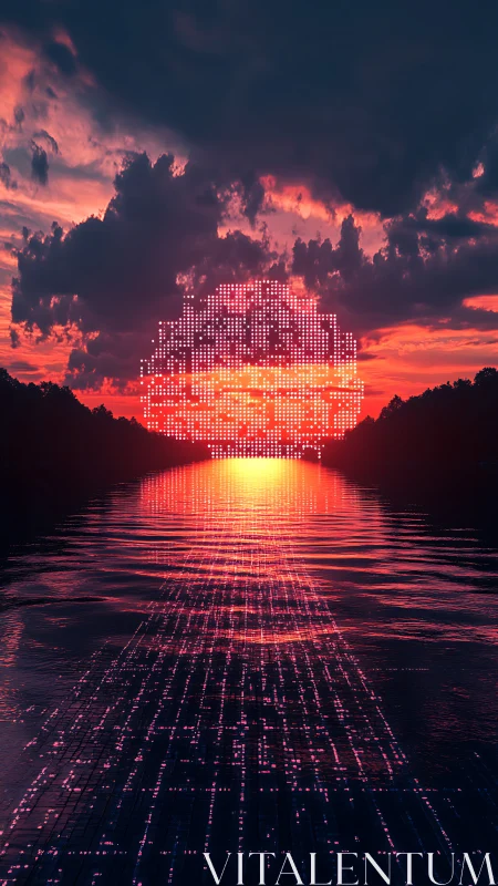 Neon sunset computes itself into a glittering pixelated sea