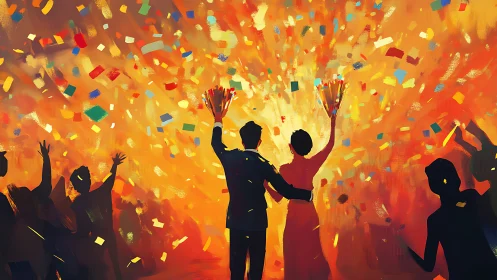 Joyous crowd silhouettes under explosive confetti burst.