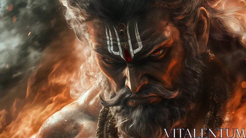 Inferno-eyed ascetic glares through swirling mythic embers