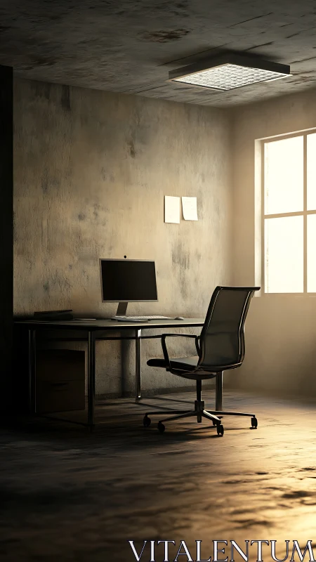 Sunlit minimalist office corner contrasts decay and precision