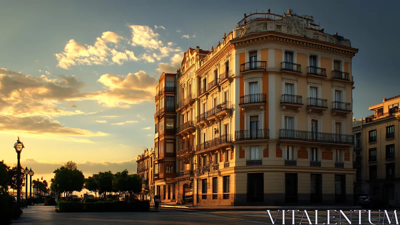 Golden hour city corner captures warm European architecture