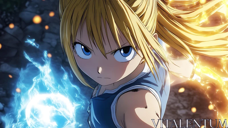 Fierce anime heroine wielding twin elemental powers.