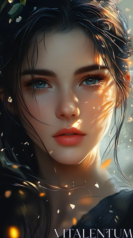 Ethereal woman portrait under dappled golden light.