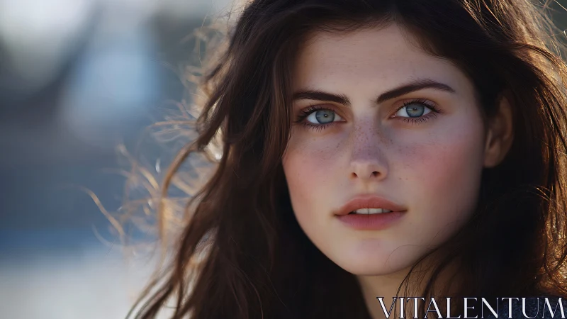 Sunlit close-up portrait captures calm, freckled beauty