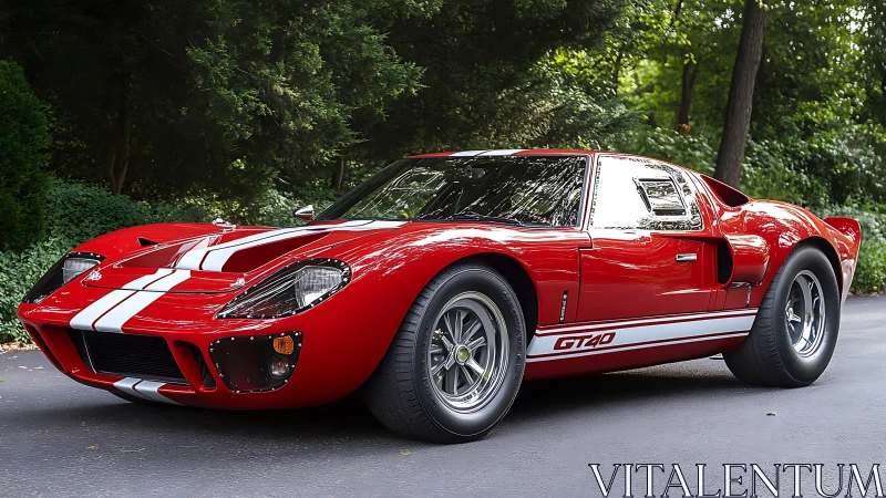 Red Ford GT40 coupe showcases racing stripes and stance.
