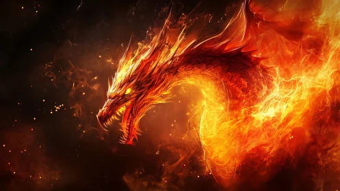 Fiery dragon head emerges from swirling orange flames