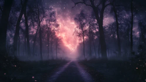 Mystic forest avenue under celestial nebula sky illumination.