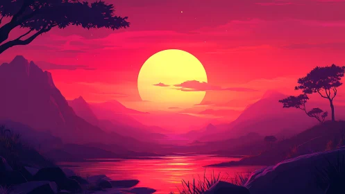 Vibrant digital sunset over distant mountains and river.