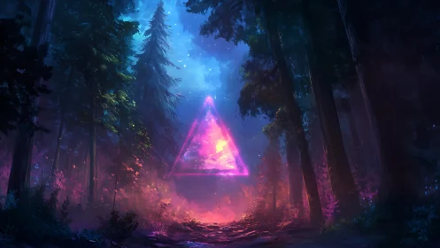 Triangular neon formation in forest clearing with atmospheric light gradient