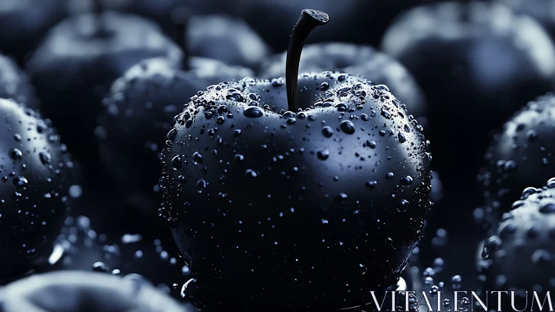 Night-slick apples whisper under a velvet blue drizzle