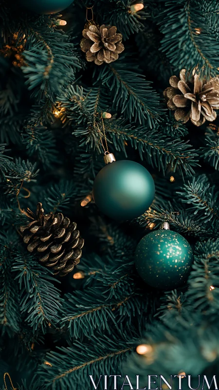 Teal ornaments and pine cones on lit evergreen tree.