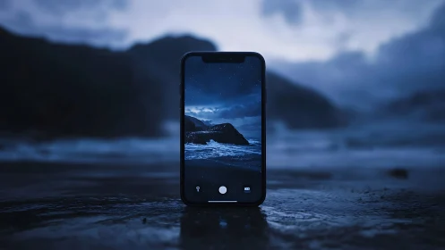 Smartphone Captures Twilight Mountain Seascape at Shoreline.