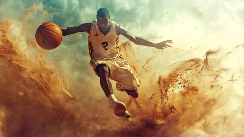 Basketball player executes midair drive through dust cloud