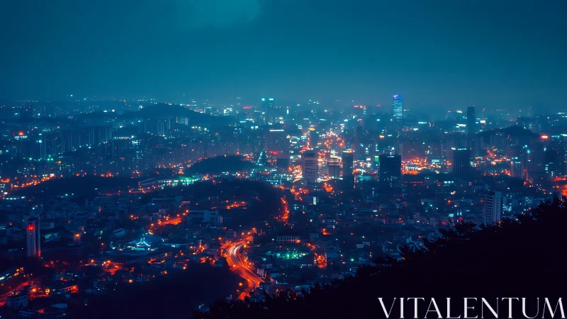 Neon lit city skyline at night under deep blue haze.