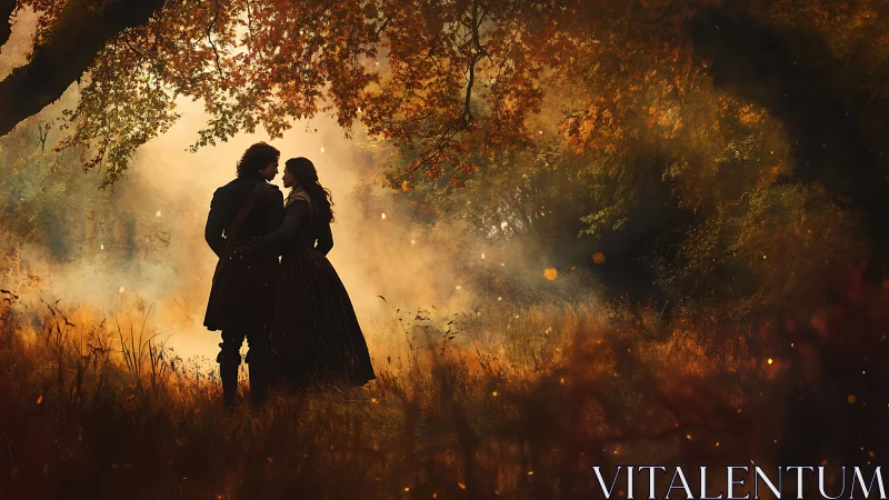 Two silhouetted figures stand in backlighting within autumn foliage setting.