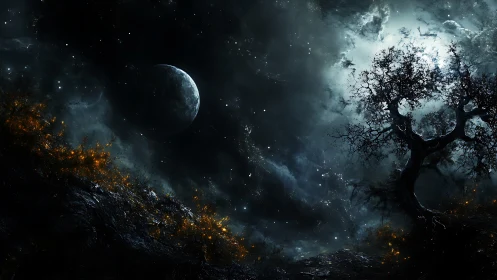Moonlit sky welcomes a lonely tree in glowing starlit night