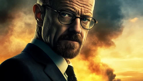 Stern suited man before burning sunset smoke clouds.