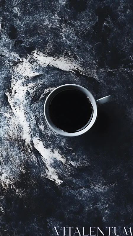 Midnight coffee cup suspended above stormy abstract swirl.