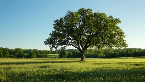 Lone mature tree stands centered in sunlit grassy meadow
