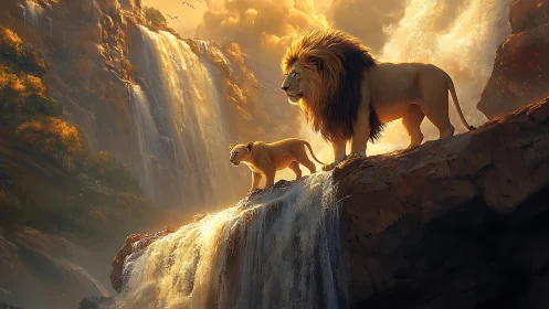 Majestic Lion and Cub in Radiant Canyon with Cascading Waterfalls.