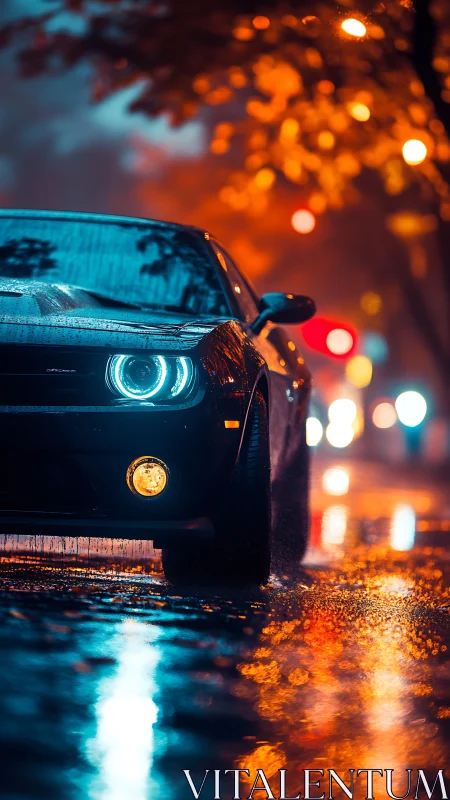 Muscle car headlights slicing through neon rain at night.