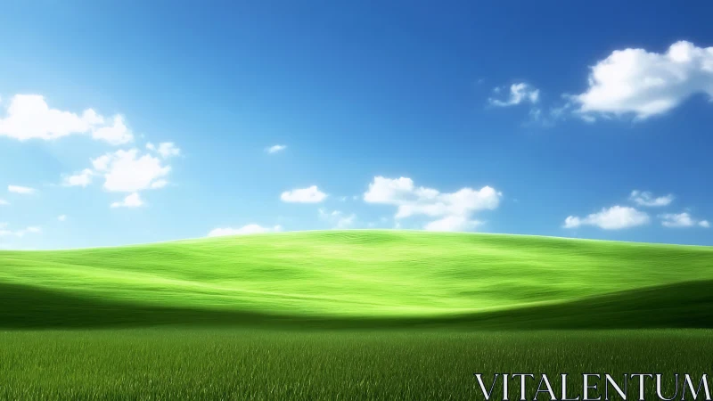 Luminous green hillside under clear blue sky with clouds.