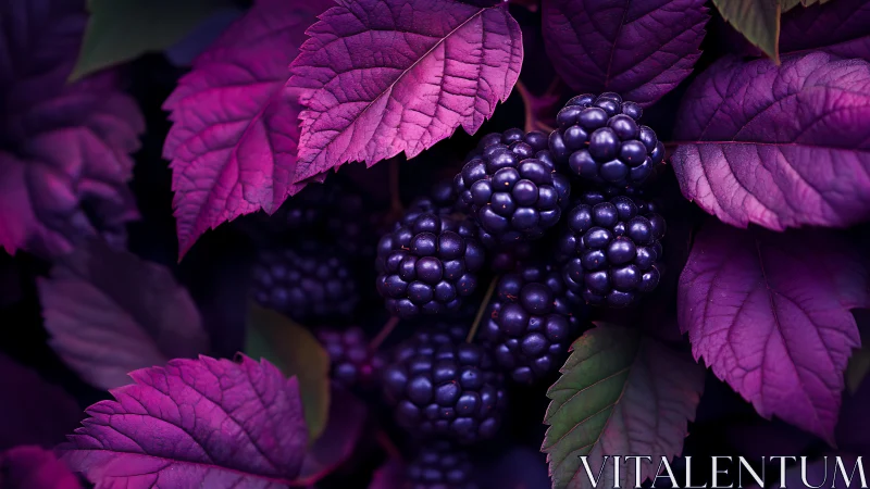 Midnight blackberries nestled in dreamy violet leaves.
