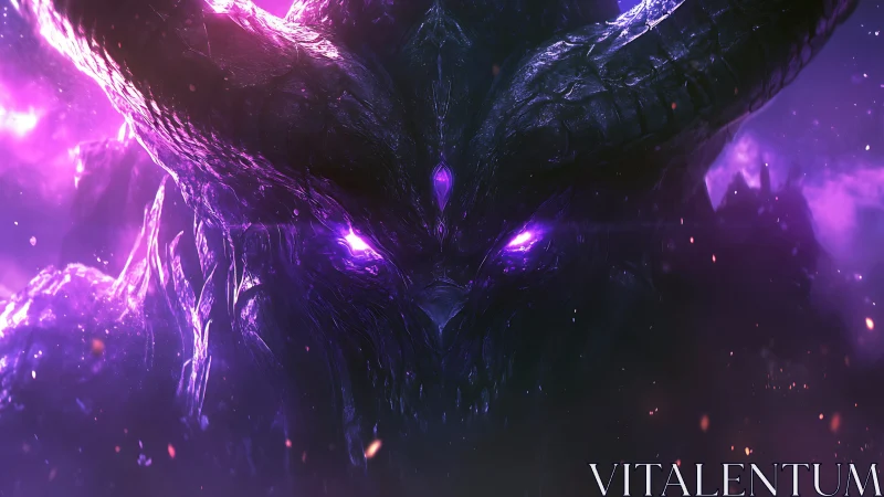 Glowing horned titan gazes through stormy violet cosmic mist