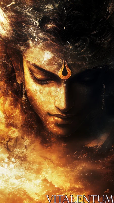 Divine-inspired face emerges from swirling fiery clouds