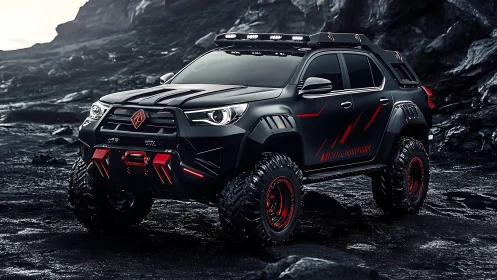 Matte black off-road truck dominates volcanic rock terrain.