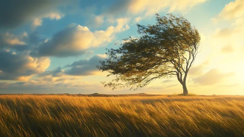 Sunlit lone tree leaning into golden windswept grasslands.