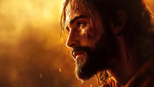 Battle-worn man in golden light studies horizon silently