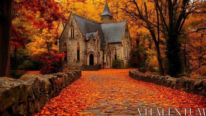 Cozy stone chapel along an inviting autumn leaf pathway.