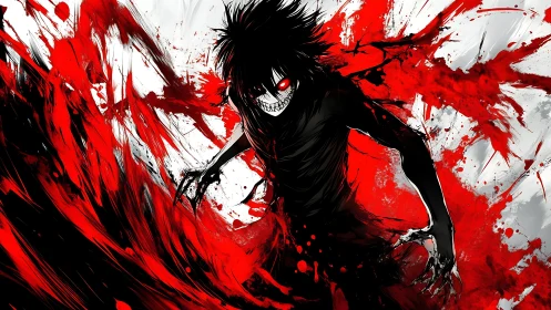 Monochrome figure stands amid high-contrast red splatter field