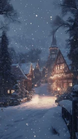 Snow-dusted village glows like a lantern in blue twilight