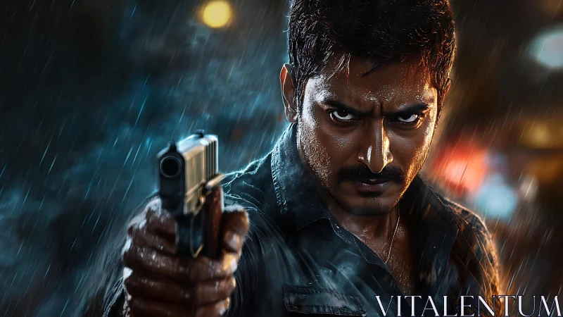 Rain-slicked stare locks down the barrel of a ruthless choice