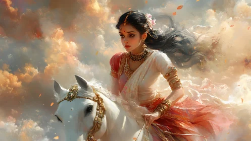 Clouds swirl as a jeweled rider guides her luminous steed