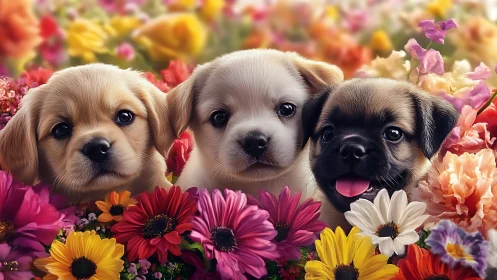 Tri-color puppy portrait nestled in dense spring florals field