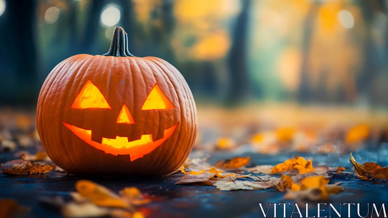 Glowing jack o lantern smiling warmly on an autumn path.