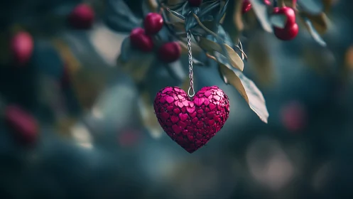 Crimson Heart Ornament Hangs Among Berry Branches.