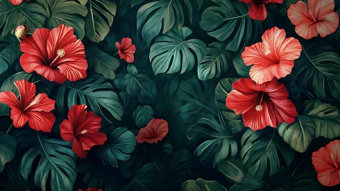 Vibrant Red Hibiscus Blooms Dancing Among Lush Tropical Leaves