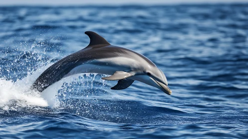 Dolphin leaps out of open ocean water in strong side profile