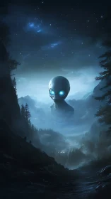 Gentle alien watcher glows softly above a misty night valley