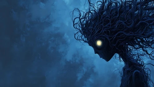 Luminous drift of a quiet night spirit in swirling blue.