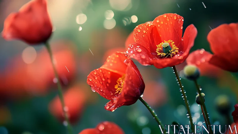 Vibrant Red Poppies Glistening After Rain.