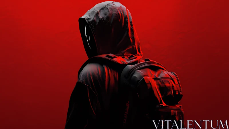 Hooded backpack figure in intense red dramatic lighting.