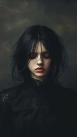 Young woman with closed eyes in dark lace dress