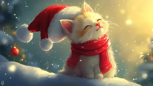 Warm backlit kitten in Santa hat rendered with soft edge lighting